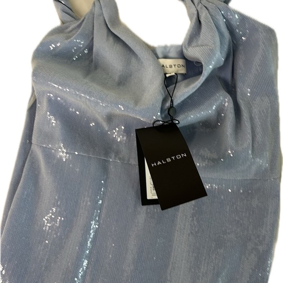 HALSTON Women's Keira Twist Strap Midi Dress in Soft Sequins Sky Blue - Picture 11 of 12